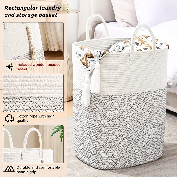 Woven Laundry Basket for Clothes, 50 L Large Rectangle Laundry Hampers - Image 3