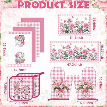 Fourluoo 10 Pcs Pink Rose Kitchen Decor Set Towels and Rugs Oven Mitts and Pot - Image 3