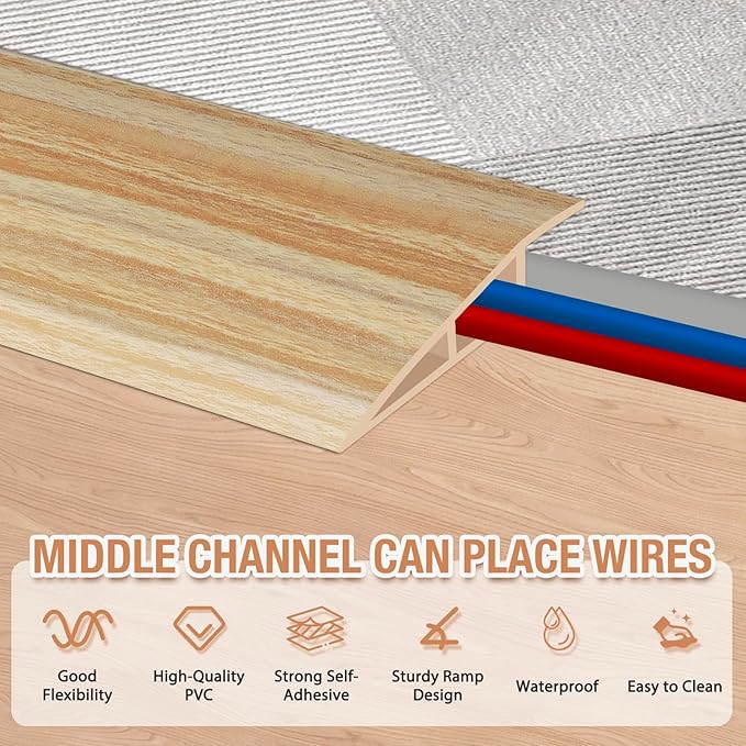 Floor Transition Strip Self Adhesive Vinyl Door Threshold for Doorways Carpet Edging Trim Overlap Edge Reducer for Laminate Floor, Carpet, Tile (Light Yellow Wood Grain, 3/5" to 4/5", 6.6Ft)