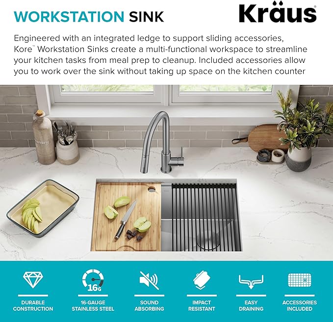 KRAUS Kore 28-Inch Undermount Workstation 16 Gauge Single Bowl Stainless Steel Kitchen Sink with Accessories, KWU110-28