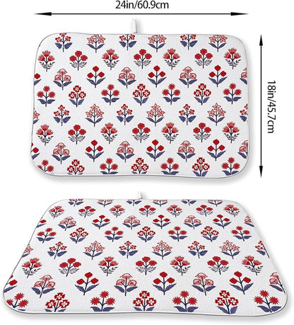 Red Blue Dish Drying Mat 18x24 Inch Vintage Boho Block Print Floral Drying Mat - Image 2