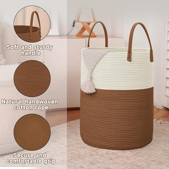 Large Woven Laundry Basket Hamper, 60L Cotton Rope Storage Bin - Image 6