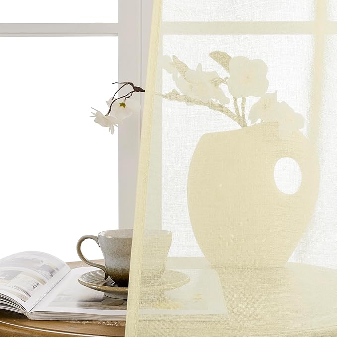 Tollpiz Small Sheer Door Curtain Closet Linen Textured Curtain Sheers Doorway Light Filtering Voile French Door Rod Pocket Curtains Patio Door, 25 x 40 inches Long, Transparent Yellow, Set of 1 Panel