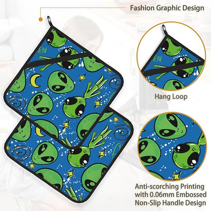 Green Alien Pot Holder Set of 2, Heat Resistant Potholders Oven Hot Pads - Image 4