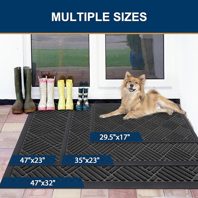 Smiry Front Door Mat Outside Entrance, Heavy Duty Outdoor Indoor Natural Rubber Doormat, Non Slip, Trap Dirt and Moisture, Easy Clean, Low Profile Patio Porch Entryway Mat, 29.5x17, Black
