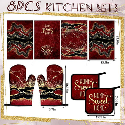 Leinuosen 8 Pcs Burgundy Marble Kitchen Towels and Dishcloths Sets Oven Mitts - Image 3
