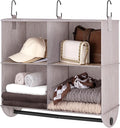 StorageWorks Hanging Closet Organizer with Metal Rod, 4-Section Closet Organizers and Storage, Collapsible Hanging Shelves for Wardrobe Organizer, Nursery, Bedroom, Light Khaki