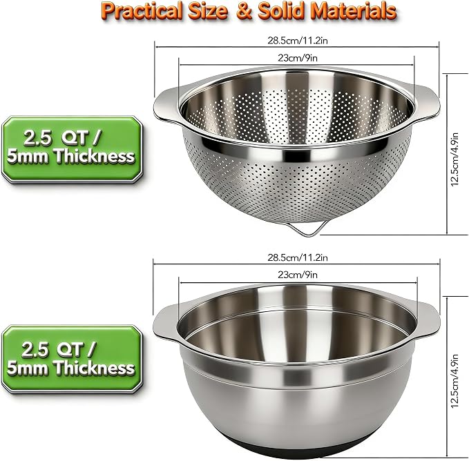 304 Stainless Steel Colander, 2.5 QT Capacity and 2.5 QT Mixing Bowl, Micropore - Image 5