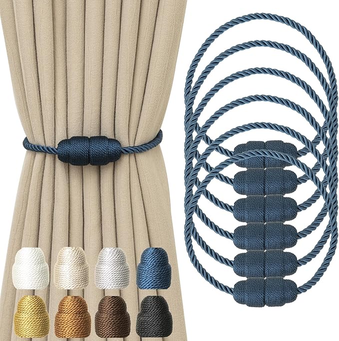 Magnetic Curtain Tiebacks Rope Tie Backs 6 Pack Curtains Holders for Drapes Decorative Window Holdbacks, Blue