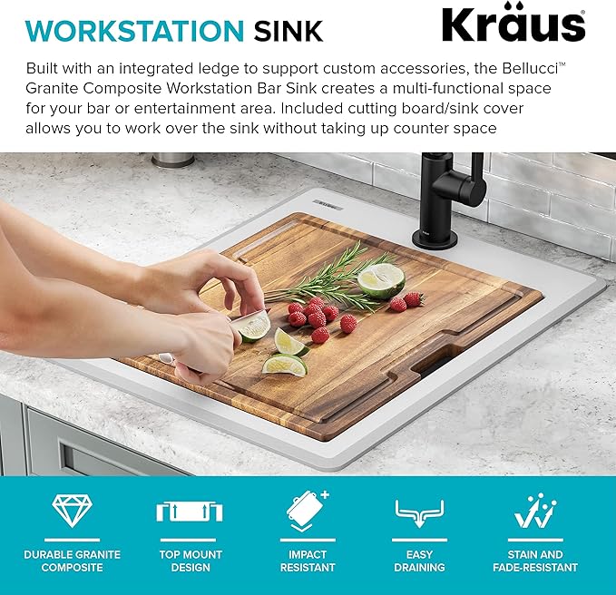 KRAUS Bellucci 18-inch Granite Workstation Drop In Top Mount Single Bowl Kitchen Sink in White with Accessories, KGTW12-18WH