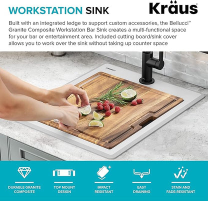 KRAUS Bellucci 18-inch Granite Workstation Drop In Top Mount Single Bowl Kitchen Sink in White with Accessories, KGTW12-18WH