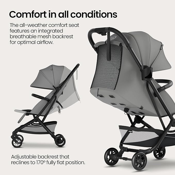 Mompush Velo Lightweight Travel Stroller – One-Hand Fold, Ultra-Compact & Airplane Friendly, Lie-Flat Recline Seat (from Birth to 50 lbs), Includes Cup Holder, Shoulder Strap, and Leather Bumper Bar