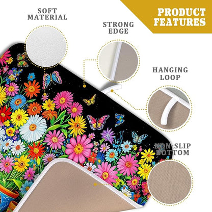 Colorful Floral Dish Drying Mat 16 X 18 Black Spring Flowers Absorbent - Image 4