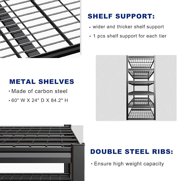 60" Wide Heavy Duty Garage Shelving Adjustable 6 Tier Garage Storage Shelves - Image 5