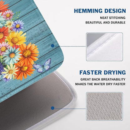 Vintage Floral Dish Drying Mat for Kitchen Counter Rustic Flower Vases Wooden - Image 4