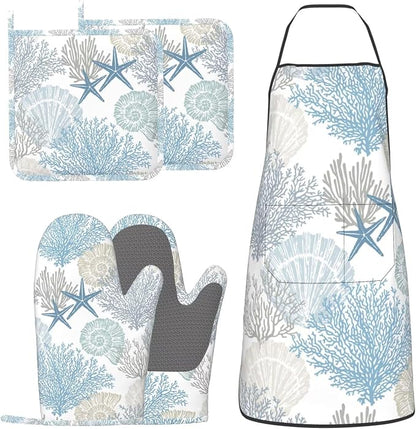 Nautical Coastal Oven Mitts Pot Holders Blue Cooking Apron Set of 5 Silicone by Unknown