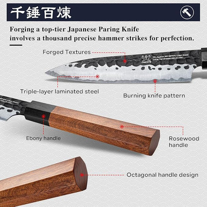 FAMCÜTE 5 inch Japanese Paring Knife, Hand Forged 5 Layers 9CR18MOV High Carbon - Image 4