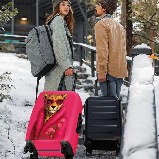 ANNA QUEEN Fashionable Leopard Luggage Cover, Leopard in Pink Coat and Sunglasses, Stretchable, Washable Travel Sleeve for 32-34 Inch Luggage