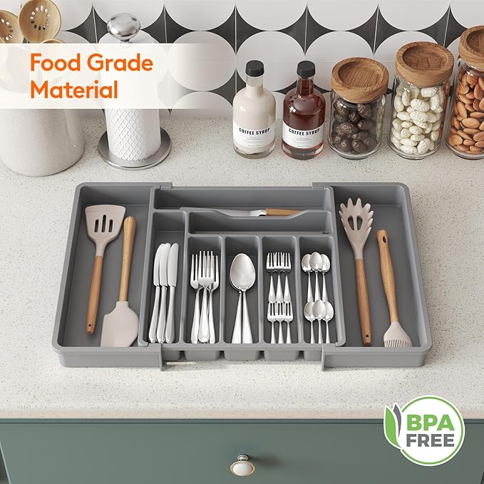Lifewit Silverware Drawer Organizer, Expandable Utensil Organizer for Kitchen Drawers, Adjustable Cutlery and Flatware Tray, Plastic Spoons Forks Knives Holder Storage Dividers, Large, Gray