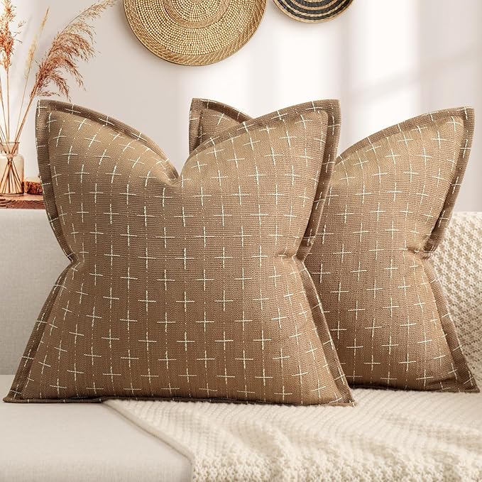 ZWJD Throw Pillow Covers 16x16 Set of 2 Soft Polyester Textured Pillow Covers with Stylish Flange Edge Cozy Farmhouse Throw Pillows for Couch Bed Sofa Living Room