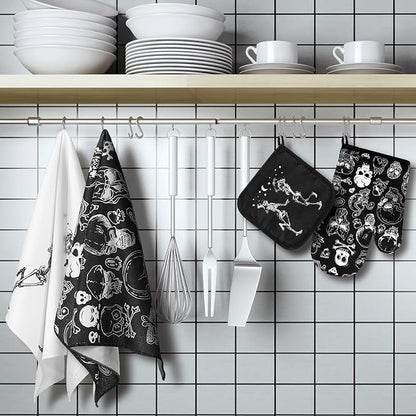 Leinuosen 6 Pcs Skull Kitchen Decor Set Kitchen Towels Gothic Oven Mitts and - Image 2