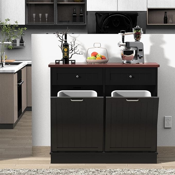Betterhood Tilt Out Trash Cabinet 10 Gallon Wooden Free Standing Laundry Sorter Cabine,Recycling Cabine with Hideaway Drawer,Tilt Out Trash Cabinet Can Bin Kitchen