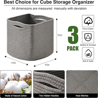 11 Inch Cube Storage Bins, Storage Cube Organizer Bins, Woven Cotton Rope Basket - Image 3
