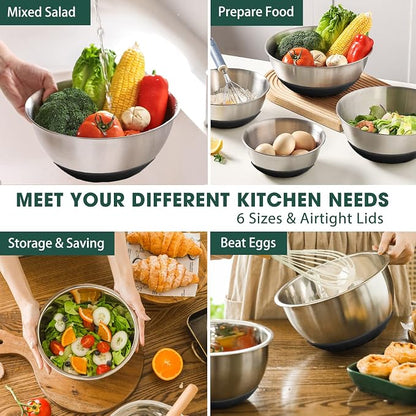 Umite Chef Mixing Bowls with Airtight Lids，6 piece Stainless Steel Metal - Image 3