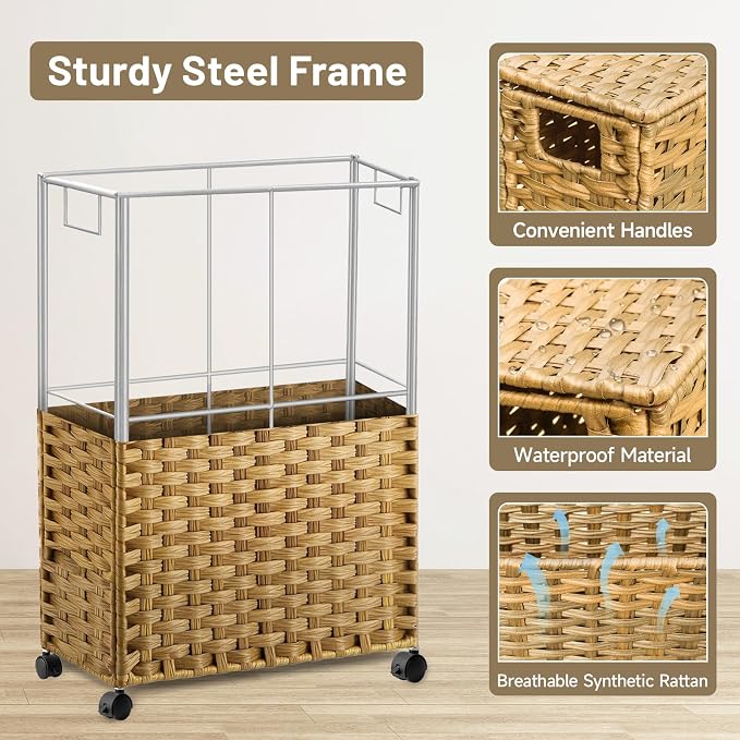 70L Slim Laundry Hamper with Lid & Wheels, Rolling Laundry Basket with 2 - Image 7