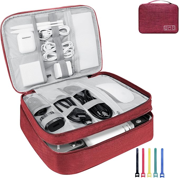Electronics Travel Organizer, Large Double Layer Portable Waterproof Travel Organizer Bag for Charging Cable Storage, Ipad, Power Bank, Hard Drive etc, for Travel, Business ,5pcs Cable