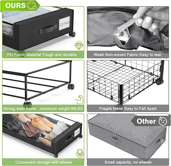Under Bed Storage with Wheels, 2-Pack Under the Bed Storage Containers with Clear Lids & Label, Underbed Storage Bins, XXL 60L Rolling Metal Drawer for Clothes, Shoes, Toys, Books - Black