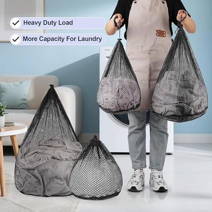 4Pcs Mesh Laundry Bags Washing Machine Mesh Wash Bags Jumbo for Delicates Clothes,Bed Linen,Toys with Drawstring Closure Sturdy (Black, Pack 4 Pcs)
