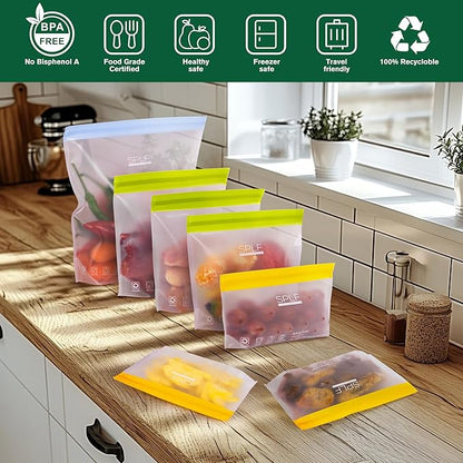 SPLF 6 Pack Stand-Up Reusable 2 Gallon Freezer Bags Dishwasher Safe, Reusable Freezer Bags 2 Gallon, Leakproof BPA Free Food Storage Bags for Marinate Meat, Veggies, Homemade Bread, Snack, Travel Item