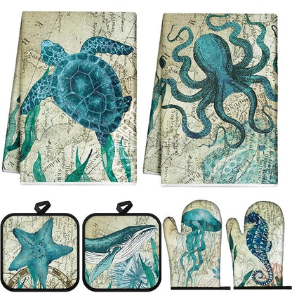6 Pcs Sea Ocean Beach Kitchen Towels Pot Holders and Oven Mitts Set Coastal by Mindsoft