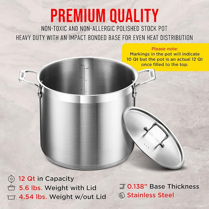 Stainless Steel Stockpot with Lid 12 Quart, Durable 18/8 Stainless Steel - Image 6