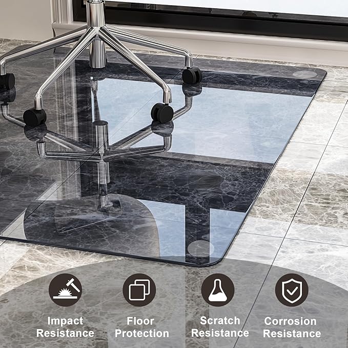 GLSLAND Office Chair Mat, 36" x 46" Grey Tempered Glass Floor Mat for Office Chair on Carpet, 1/6" Thick Computer Floor Mat with 4 Anti-Slip Pads