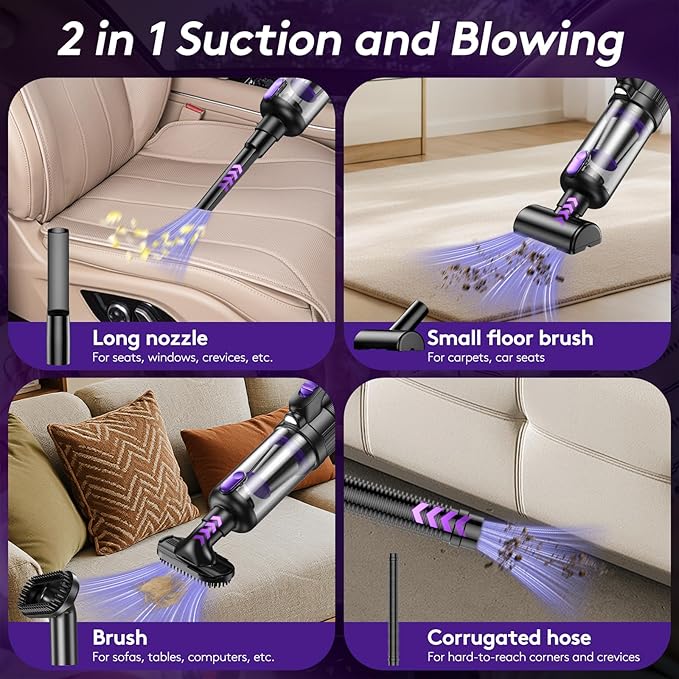 Car Vacuum Portable Cordless, 20000Pa Mini Vacuum Cleaner & Air Duster, 130W Brushless Motor Handheld Vacuum Cordless with LED Light, 7800mAh Battery, Multi-Nozzles for Car, Office, Home, Pet