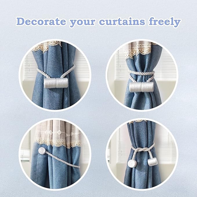 Hion Magnetic Curtain Tiebacks Grey 2pcs, Curtain Tiebacks Buckles Holdbacks Holders Hooks Clip for Home Bedroom Office Decorative Curtain