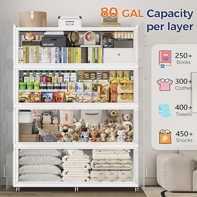 320 Gallon Extra Large Collapsible Storage Bin with Lid, 1280QT Stackable Plastic Organizer with 6x Wheels, Foldable Drawer Cabinet for Closet, Living Room Office Dorm 4Pack, White