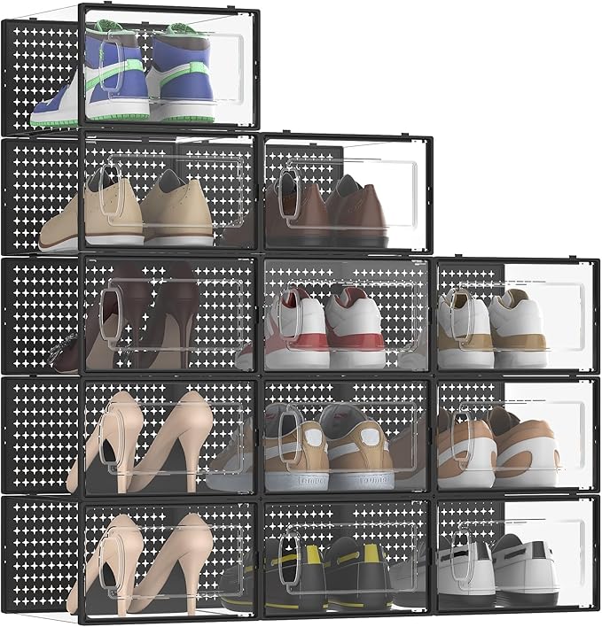 12 Pack X-Large Modular Clear Plastic Stackable Shoe Storage Organizer for Closet, Space Saving Versatile Sneaker Shoe Rack Containers Bins Holders, Portable Closet Organizers and Storage, Black02