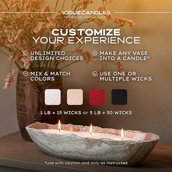 Vogue Candles 5LB Candle Sand with 50 Wicks | Bulk Refillable Plant-Based Granules for Custom Candle Making | Unscented, Clean Burn, Smoke-Free, Vegan Candle Refill Kit- Black