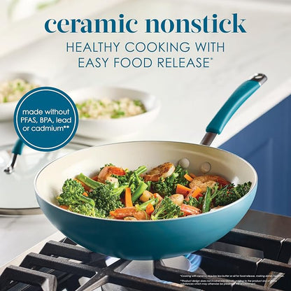 Rachael Ray Cucina Ceramic Nonstick Stir Fry Pan and Lid, 11 Inch Non Stick Wok - Image 3