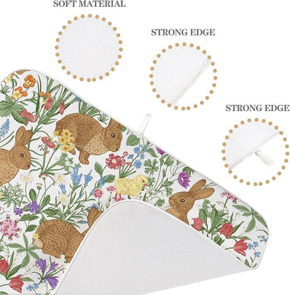 Spring Dish Drying Mat 18x24 Inch Easter Rabbit Bunny Floral Drying Mat Sage - Image 3
