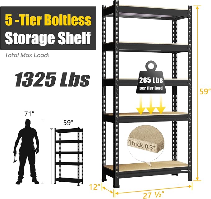 PrimeZone Storage Shelves 5 Tier Adjustable Garage Storage Shelving, Heavy Duty - Image 3