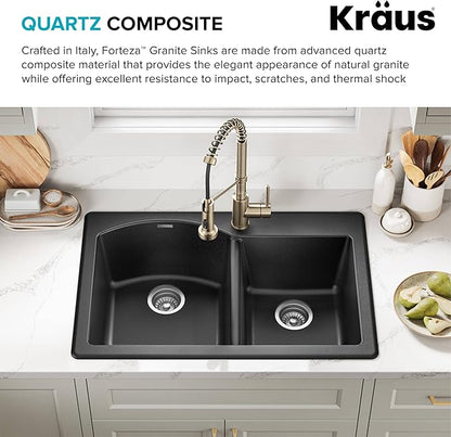 KRAUS Forteza 33-inch Drop In/Undermount 60/40 Double Bowl Granite Kitchen Sink in Black, KGD-50BLACK
