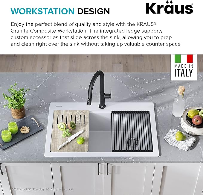 KRAUS Bellucci Workstation 33 in. Drop In Single Bowl Granite Kitchen Sink in White with Accessories, KGTW1-33WH