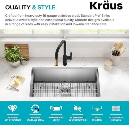 Kraus KHU100-32 Standart PRO 16 Gauge Undermount Single Bowl Stainless Steel Kitchen Sink, 32 Inch