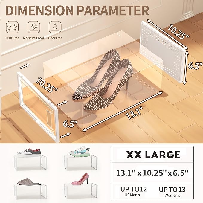 Secret Space 12 Pack XX Large Shoe Organizer Storage Boxes for Closet, Modular Space Saving Shoe Boxes Clear Plastic Stackable Sneaker Containers Display Case with Lids, Pearl White03