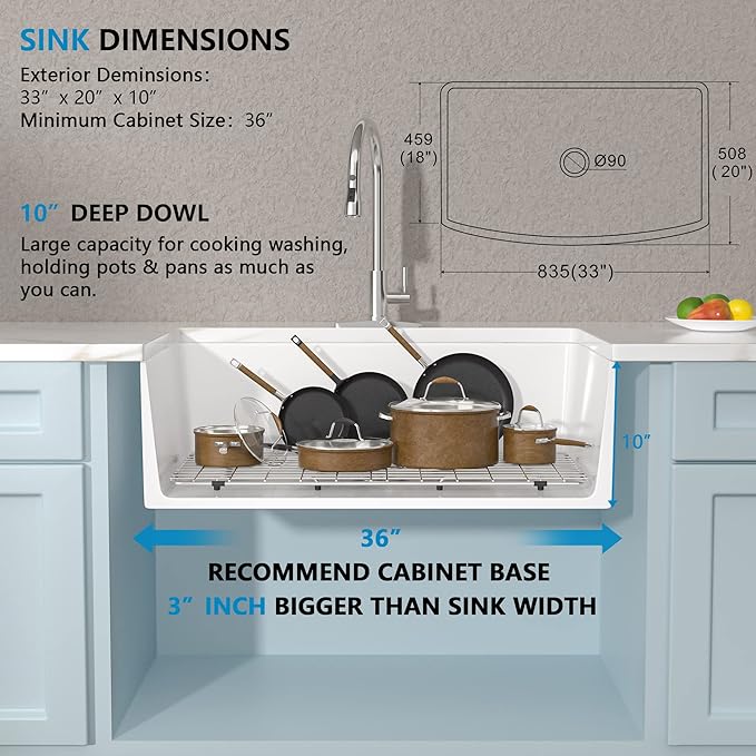 33 White Farm Sink - Fulorni 33"x20" Curved Apron Front Farmhouse Kitchen Sink Ceramic Porcelain Fireclay Single Bowl Farmer Style Basin