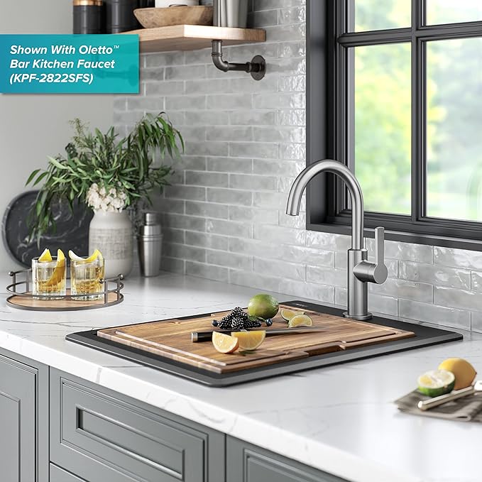 KRAUS Bellucci 18-inch Granite Workstation Drop In Top Mount Single Bowl Kitchen Sink in Metallic Black with Accessories, KGTW12-18MBL